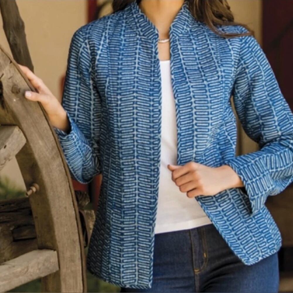 Novica Quilted Jacket Blue Block Print Open Front Cotton Coat Size Medium